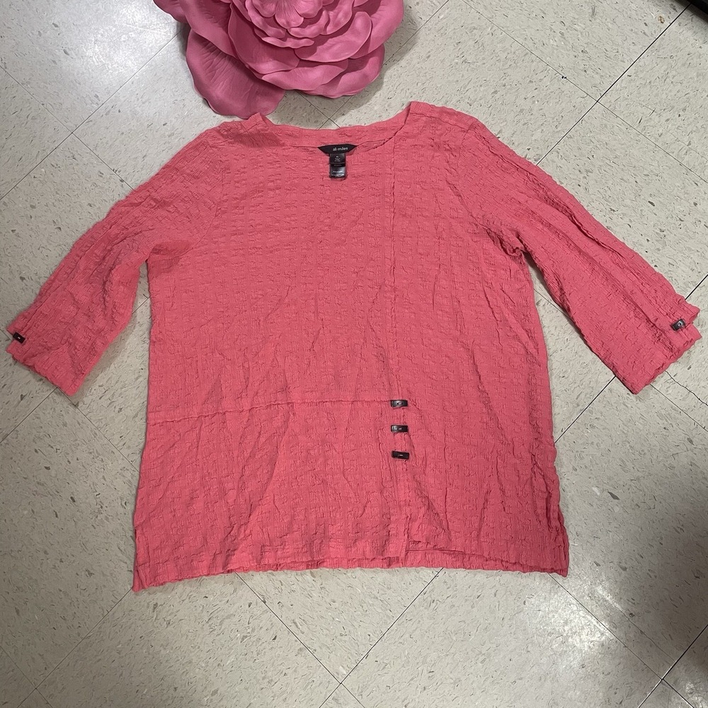 ALI MILES Womens Sz XL Pink Puckered Button Accent Tunic Top Blouse Lagenlook